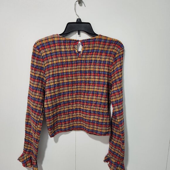 Anthropologie Maeve Smocked Stretch Long Sleeve Plaid Blouse-Fall Colors- Medium - Picture 6 of 6